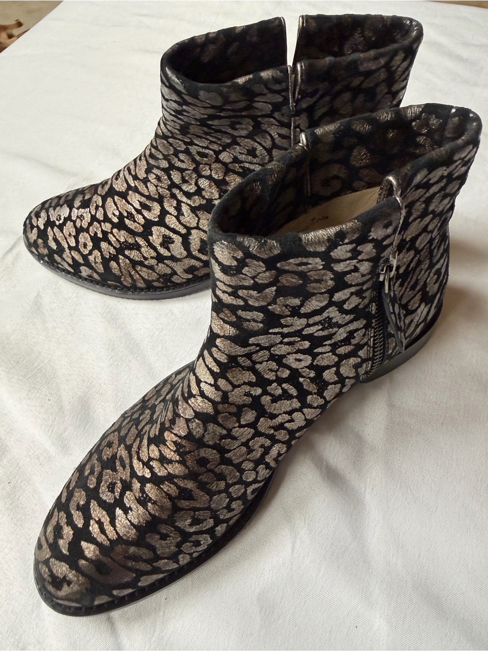 Johnston & Murphy Metallic Leopard Print Ankle Boots in Black and Gold